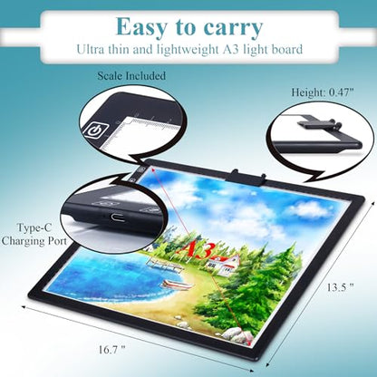 A3 Rechargeable Light Board, Comzler Wireless A3 Light Pad Battery Powered, Tracing Light Box for Cricut Vinyl, Weeding Tools, Drawing Crafting Board for Tracing, Sketching, Stenciling | Tracing Light Box for Cricut Vinyl, Weeding Tools, Drawing Crafting