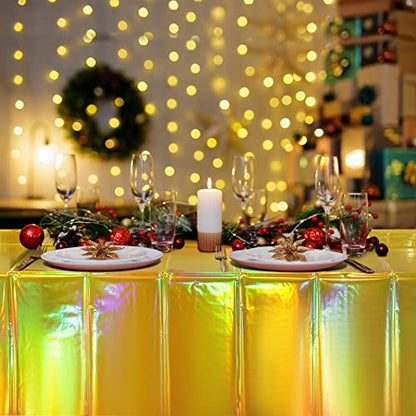 4 Pack Gold Iridescent Plastic Tablecloths Shiny Disposable Laser Rectangle Table Covers Holographic Foil Tablecloth Iridescent Party Decorations Birthday Bridal Wedding Christmas, 54 x 108 Inch - color: Gold