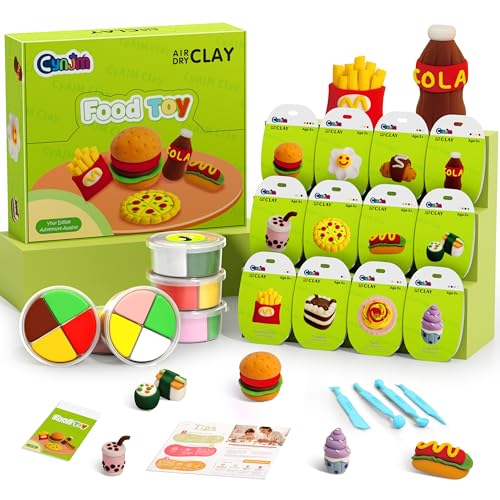 CyaJm 12 Fast Food Air Dry Clay Kit, Individual Packs, Kids 3+ with Tools | Ultra-light, soft. Includes tools & guide. DIY craft gift for kids ages 3+ - color: food