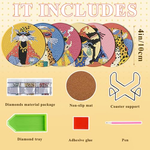 DOTSOPS 6 Pack Cat Diamond Painting Coasters Kits with Holder for Beginners - color: Ecat-a