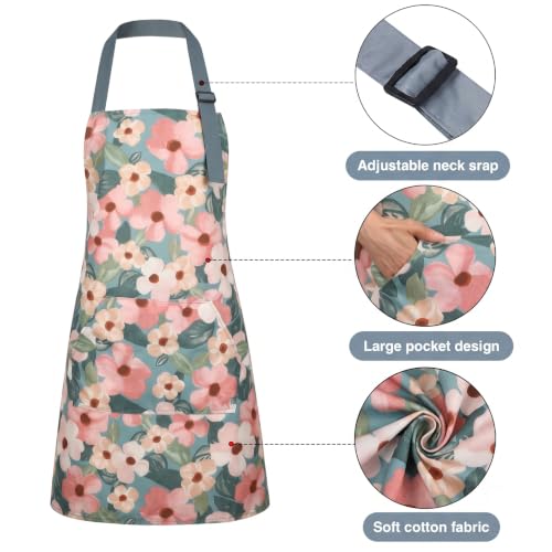 BOUMUSOE 3 Pack Floral Aprons with Pocket, Blooming Womens Aprons | Waterproof Adjustable Cooking Aprons for Kitchen Gardening and Salon - color: Orange, Green, Pink