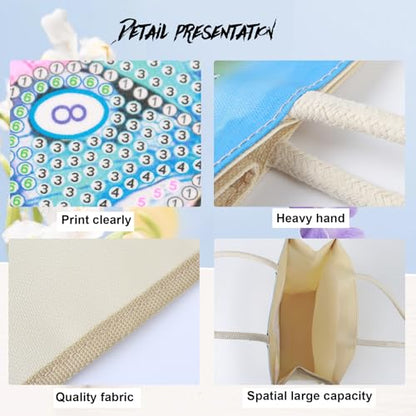 JZHYOAN Diamond Painting Canvas Tote Bags, DIY Diomand Art Tote Bags Kits for Adults, Reusable Grocery Shopping Hand Storage Bag with Handles, Portable Book Storage for Family School Woman Man