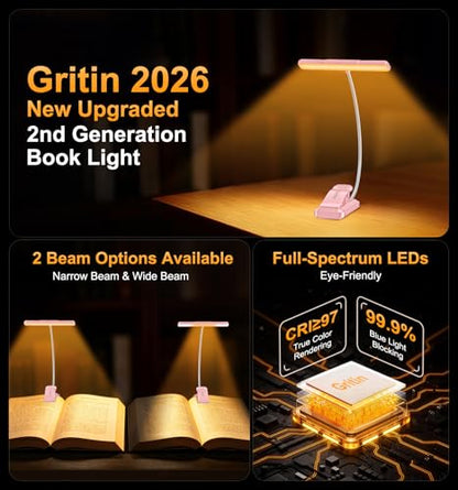 Gritin 2026 Gen 2 Book Light for Reading- 32 Eye Caring Full Spectrum LED - color: Pink