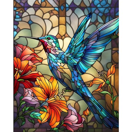 Hummingbird Paint by Numbers for Adults - Stained Glass Paint by Number | DIY Bird Oil Painting for Gift Home Wall Decor, Without Frame (16x20 inch) - color: MT12892