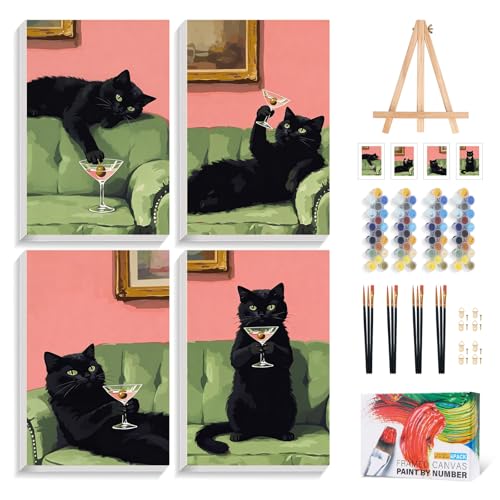 4 Pack Paint by Numbers Kit for Adults with Frame, Black Cat Painting Kit | with Wooden Easel, DIY Acrylic Painting Craft for Beginners, Stress Relief, Home Wall Decor, Cat Lovers, 8 x 12 Inch - color: CYOP4P05