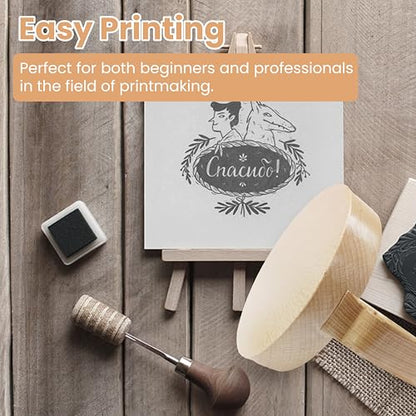 BLUKSYBU Wood Block Printing baren - Bamboo and Wood Baren for Printmaking with Comfortable Ergonomic Handle - Linocut Block Printing - Baren Printmaking Tool with Felt Mat and Cleaning Cloth