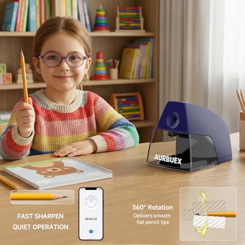 Electric Pencil Sharpener for 6 to 8 mm Pencils Helical Blade Fast 4 Second Sharpening Large Shavings Bin Non Slip Feet Safe Design for Classroom Office and Home Blue(S1131) - color: Blue