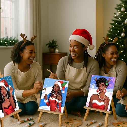 Nuberlic Christmas Pre Drawn Canvas Painting Kits for Sip and Paint Party Black Girls Hangout Yule Girls Paint and Sip Party Supplies Xmas Home Decorations Gifts 10Pcs 8x10 inch - size: 8x10, style: Christmas girl