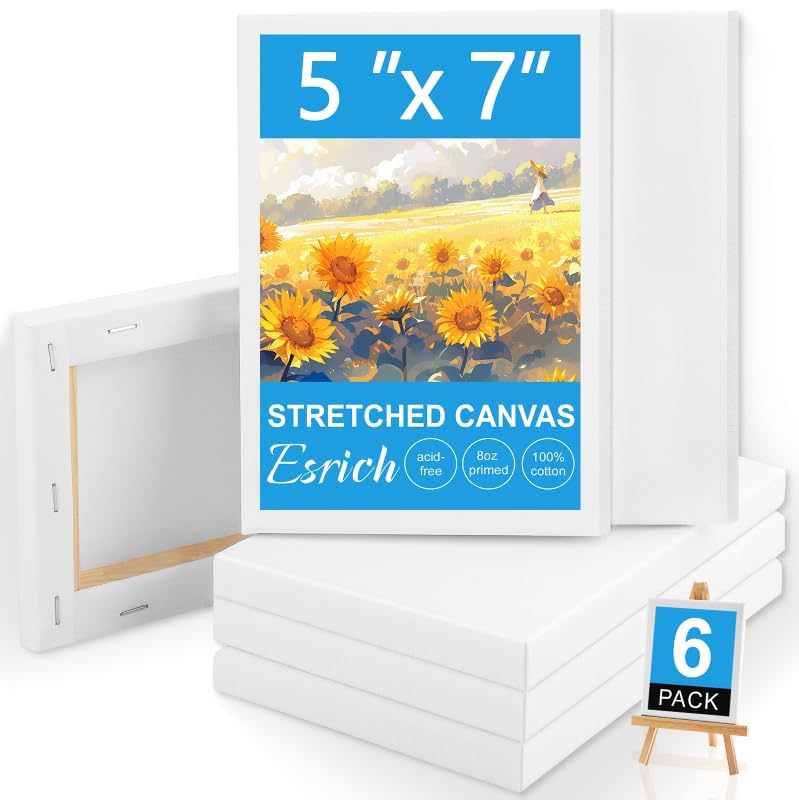 ESRICH Small Canvases for Painting, 6 Pack Canvas 5x7 Inch Stretched Canvas 2/5" Profile Primed Acid Free Painting Canvas for Kids for Oil Paint,Watercolor,Acrylic Paint,Gouache &Tempera. - style: 6 Packs Stretched Canvas - 5*7in