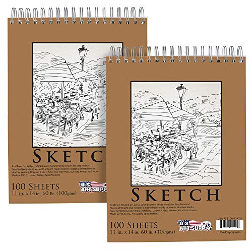U.S. Art Supply 11"x14" Top Spiral Bound Sketch Book, 2 Pack, 100 Sheets Each, 60lb (100gsm), Acid-Free, Artist Sketchbook, Drawing Pad for Adults & Students - size: 11-x-14-inch