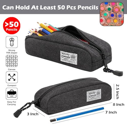 Rough Enough Small Canvas Pencil Case, Stationery Bag for Students | Black, 8"x3"x2.5", YKK Zipper, Detachable Keychain, Name Tag, for School & Office Stationery Use