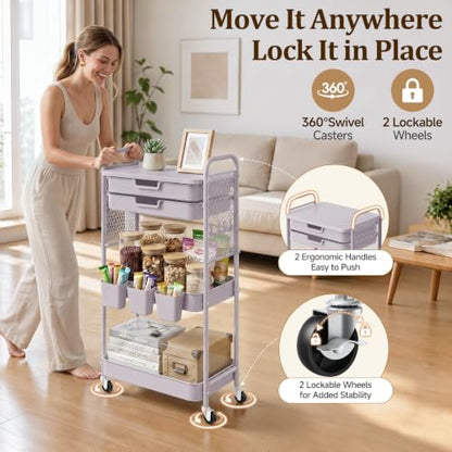 3 Tier Rolling Cart with 2 Drawers, Metal Utility Storage Carts with Wheels | Kitchen Rolling Cart 4.5" Deep Basket, Mesh Side Panel with 3 Cups, 4 Hooks for Office, Bedside, Craft Storage Cart - color: Dray Purple
