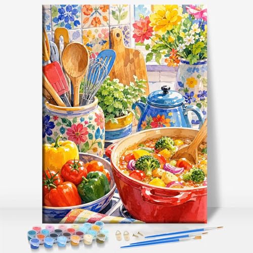 Aeontinity Colorful Kitchen Space Framed Canvas DIY Paint by Numbers Kit Bar Cafe Cave Home Room Wall Bathroom Porch Patio Decor Gift, 16 x 12 Inch - color: COLORFUL KITCHEN - 16 x 12 Inch