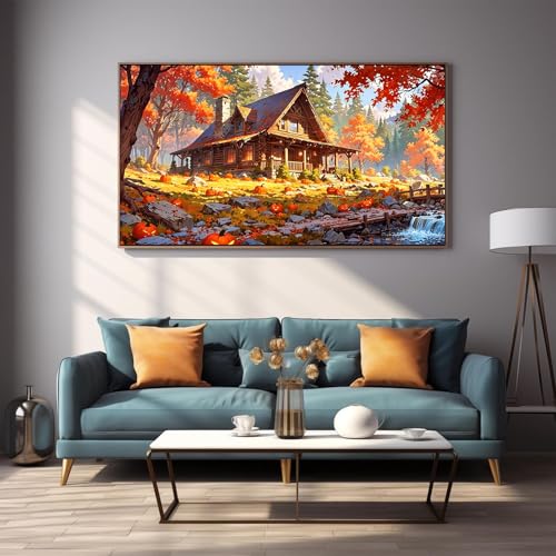 DDGEMART 5D Diamond Painting Kit for Adults, Full Drill Autumn Cabin Pumpkin Harvest Woods Fall Art for Beginners, Large Horizontal 28x16 inch - color: Cabin & Pumpkin