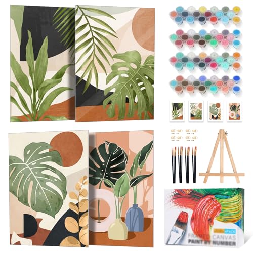 4 Pack Framed Paint by Numbers Kit for Adults with Wooden Easel, Plant | With Frame, Botanical DIY Acrylic Painting, For Adults Beginner, Stress Relief Craft Kits, Home Wall Decor Gift, 8x12 IN - color: YOP4P02