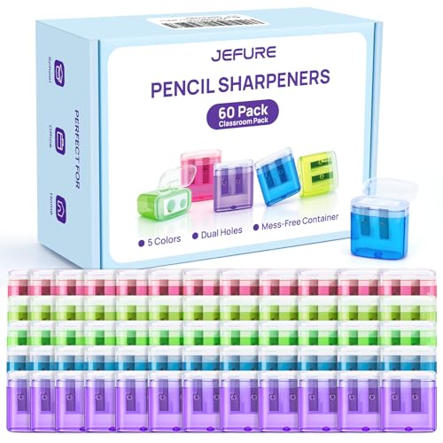 60 Pack Bulk Pencil Sharpeners, Double Hole Manual, with Lid, Small | Handheld Pencil Sharpeners, Multicolor Manual with Lid, for Classroom School Supplies - size: 60 Pcs