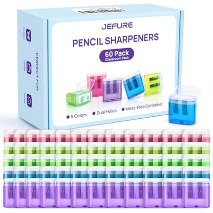 60 Pack Bulk Pencil Sharpeners, Double Hole Manual, with Lid, Small | Handheld Pencil Sharpeners, Multicolor Manual with Lid, for Classroom School Supplies - size: 60 Pcs