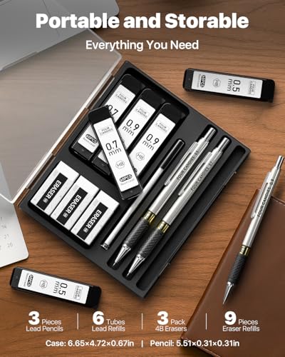 3PCS Metal Mechanical Pencil Set with Case, 0.5/0.7/0.9mm, Three Sizes | 360 Leads, 12 Erasers, Non-Slip Grips, For School Writing, Sketching, Art Drawing & Professional Drafting - size: 3 Count (Pack of 1)