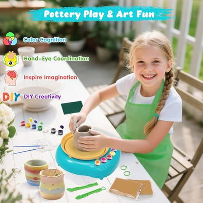 Pottery Wheel for Kids with Air Dry Clay Kit, 12 Paints & Tools, Ages 6-12 | No kiln needed: shape on the electric wheel, air-dry & paint. Gentle beginner speed; kit adds 3 clay packs, tools & apron - color: yellow/cyan