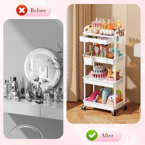 SUNALLY Makeup Cart Organizer with Drawer,4 Tier Rolling Makeup Cart, White - color: White, size: 4 Tier