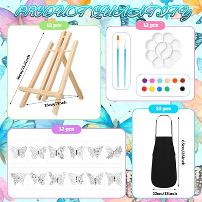 Motipuns 12 Set Butterfly Flower Pre Drawn Canvas for Paint for Adults | 8 x 10 Inch, Sip and Paint Party Kit, Pre Printed Framed Canvas with Easels Paints Brushes Aprons, Adult Art Party Supplies - style: Butterfly Flower