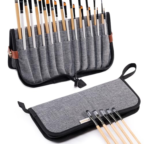 Paint Brush Holder Case for Artists with 22 Slots, Brush Organizer with Pop-Up Stand, Travel Paintbrush Storage Bag for Acrylic Oil Watercolor, Zippered Art Brush Cover (Brushes Not Included) - color: Gray, size: Large 6*13.5"