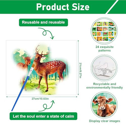 24Pcs Reusable Water Doodle Coloring Set for Dementia Product for Elderly - color: Animals