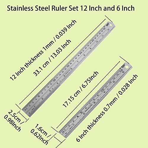 YouOKLight Metal Ruler Set, Stainless Steel 6 Inch and 12 Inch Rulers with Inches and Centimeters, Metric Precision Measuring Drawing Ruler, Silver