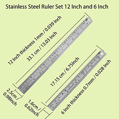 YouOKLight Metal Ruler Set, Stainless Steel 6 Inch and 12 Inch Rulers with Inches and Centimeters, Metric Precision Measuring Drawing Ruler, Silver