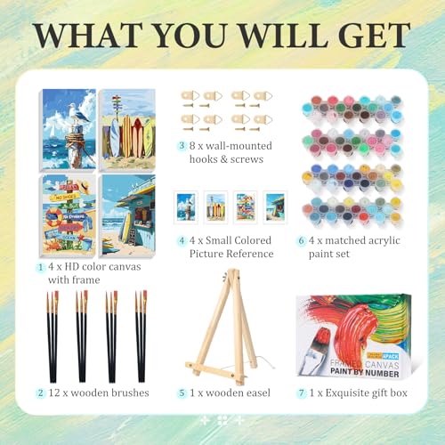 4 Pack Paint by Numbers Kit for Adults with Frame, Beach DIY Painting Kit - color: CYOP4P03