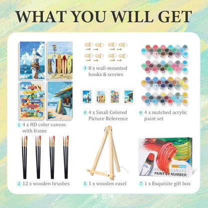 4 Pack Paint by Numbers Kit for Adults with Frame, Beach DIY Painting Kit - color: CYOP4P03