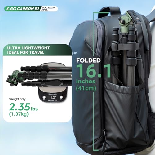Fotopro 62" Carbon Fiber Travel Tripod, Lightweight Compact Video Tripods with Fluid Head, Detachable Monopod with Arca-Swiss Quick Release Plate and Bag, Camera Tripod Load up to 8KG/17.63lbs, Green - color: Green, size: 62" Video (Carbon Fiber)