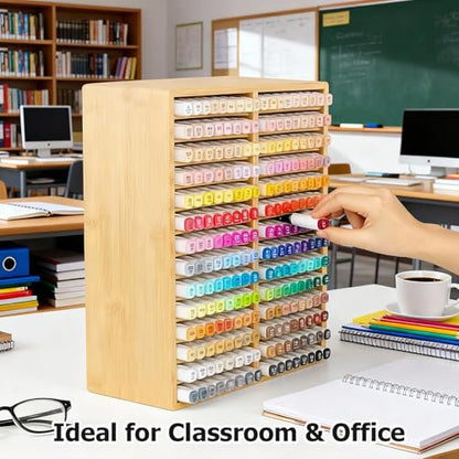 280 Marker Organizer, Bamboo Wooden Storage for Alcohol Markers Pens Pencils, No Assembly, Large Desk Holder for Artists Teachers Students, Classroom Office Art Supply (A No Drawer) - style: A No Drawer