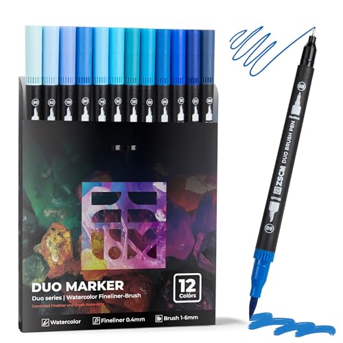 Blue Duo Tip Marker Pens, 12 Fine & Brush Tip Pen For Adult Coloring Books | No Bleeding Ocean Blue Markers, Drawing Pen for Sky & Sea Landscapes, Water Effects, Calming Mandalas and Journaling - color: 12 Blue