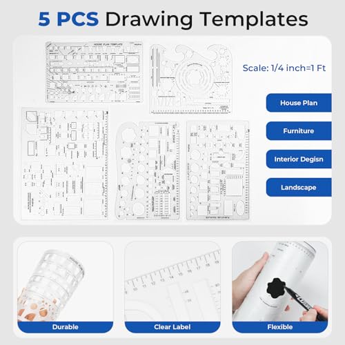 Nicpro 21PCS Professional Drafting Tools & Geometry Set with Case, Architect Compass & Protractor Set, Metal Pencils, Pens, Scale Ruler Metal Ruler, 5 Drawing Templates for Interior House Plan Design - size: 21 PCS