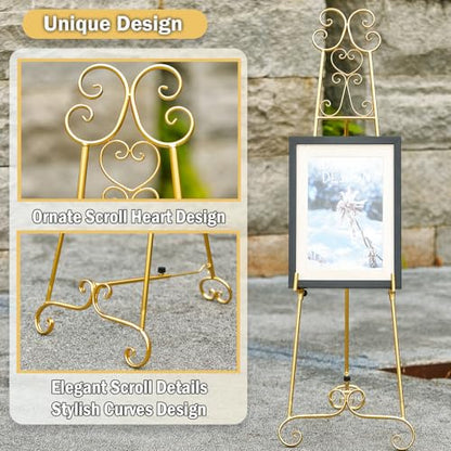 Metal Large Free Standing Adjustable Display Stand Scroll Easel with Chain Support, Gold Easel Stand for Sign, Heavy Duty Easel for Mirror, Wedding, Picture Frame (No Installation Required) - style: Scroll-Gold