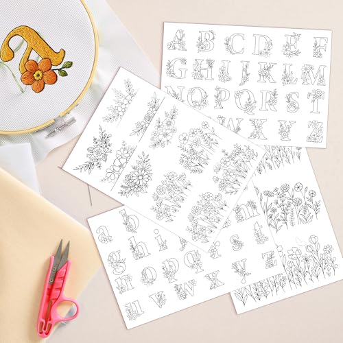 Water Soluble Stabilizer Embroidery Pattern - Flower Letter Stick & Stitch Embroidery Paper Wash Away, Wildflower Hand Sewing Patterns for T-Shirt Bag Towel (4 Sheets) - style: Letter975