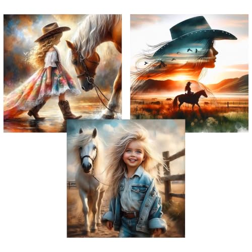 Axquilon 3 Pack Cowgirl Diamond Art Kits for Adults 12x12 inch | Horse Diamond Painting Kits for Adults Beginner, DIY 5D Full Drill Gem Art for Home Wall Decor - color: 3-Pack Cowgirl