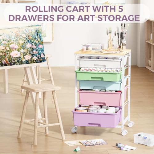 SYKIARIOL 5-Tier Rolling Cart with Drawers with Wooden Top, Ice Cream | Mobile Craft Storage Drawer Cart Trolley for Home Office, Classroom, Craft Room & Kid Room - color: Ice Cream