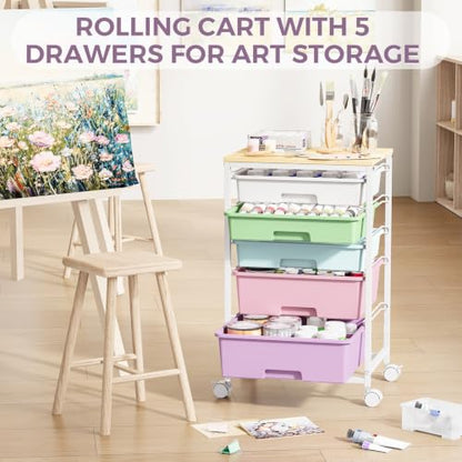 SYKIARIOL 5-Tier Rolling Cart with Drawers with Wooden Top, Ice Cream | Mobile Craft Storage Drawer Cart Trolley for Home Office, Classroom, Craft Room & Kid Room - color: Ice Cream