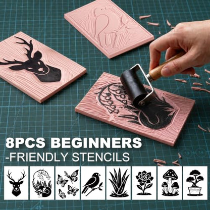 Rubber Linoleum Blocks for Printmaking, 6pcs Linocut Blocks with 8 Stencils and 10 Transfer Papers, Linocut Kit for Printing and Stamp Making DIY Art Craft