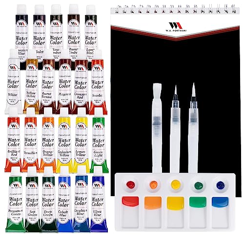 WA Portman Watercolor Paint Set, Cold Press Pad, Mixing Palette, Water Pens | Art Paint Set 24 Semi-wet Watercolor, Paints Tube Set with A4 Cold Press Pad, Mixing Palette & 3 Water Refillable Brush Pens