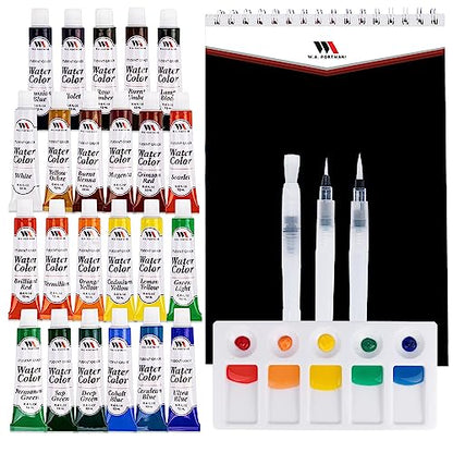 WA Portman Watercolor Paint Set, Cold Press Pad, Mixing Palette, Water Pens | Art Paint Set 24 Semi-wet Watercolor, Paints Tube Set with A4 Cold Press Pad, Mixing Palette & 3 Water Refillable Brush Pens