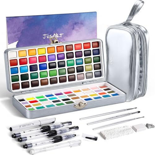 JusArt 100 Colors Watercolor Paint Set,Travel Watercolor Set with Handbag | Art Supplies with Metallic Color, Detail Painting Brushes, Portable Watercolor Supplies for Adult, Artists, Professionals