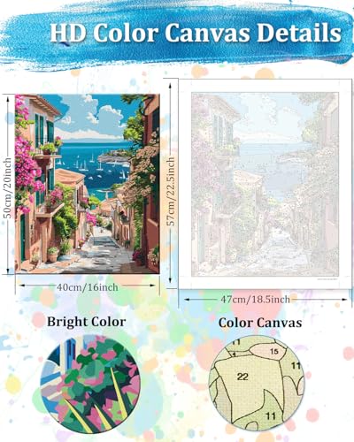 TOCARE Mediterranean Paint by Numbers Kit for Adults Beginner, Greece Paint by Number Canvas Kit, Acrylic Adults' Paint-by-Number Kits Landscape 16x20inch (Without Framed) - color: TC-OPC-358