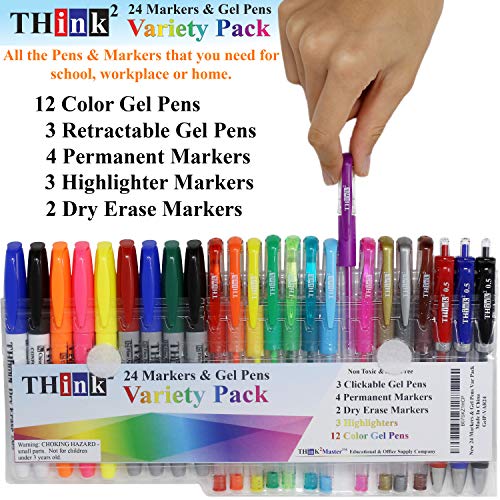 [24 Pack] Think2 Pens & Markers Supply Kit. Includes 3 Highlighter, 4 Permanent Markers, 2 Dry Erase Markers, 12 Color Gel Pens and 3 Retractable gel pens Supplies - color: Variety Pack