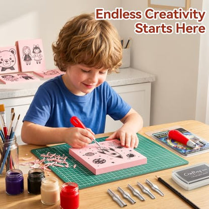 WAYCOM Linocut Kit for Beginners - 4x6 Soft Rubber Carving Block with Linoleum Cutter, Hobby Knife, Ink Pad & Pencil - Stamp Making & Block Printing Starter Set, DIY Craft Gift for Adults & Teens - color: Pale Pink-1 Rubber Block