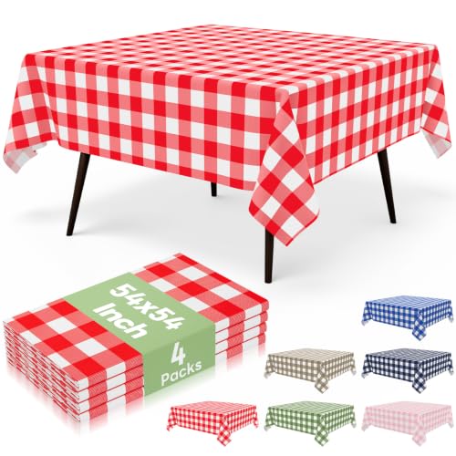 misaya 4 Packs 54 x 54 Inch Buffalo Disposable Table Cloth, Waterproof Plastic Tablecloth, Square Red and White Checkered Table Covers for Picnic, Birthday, Party, Back to School - color: Red and White, size: 54" X 54"