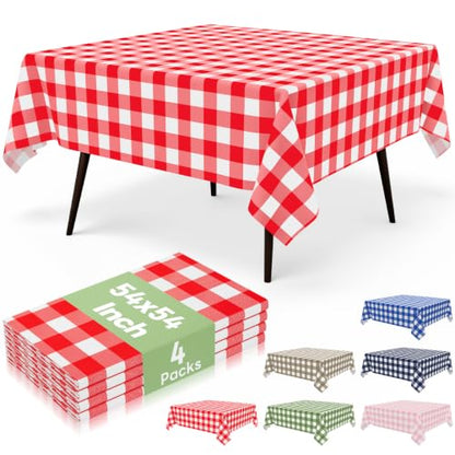 misaya 4 Packs 54 x 54 Inch Buffalo Disposable Table Cloth, Waterproof Plastic Tablecloth, Square Red and White Checkered Table Covers for Picnic, Birthday, Party, Back to School - color: Red and White, size: 54" X 54"
