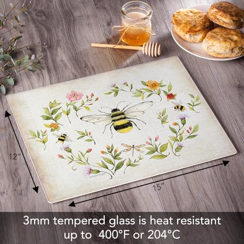 CounterArt Bee Wreath 3mm Tempered Glass Cutting Board 15” x 12” | Serving Board Charcuterie Board - color: Bee Wreath